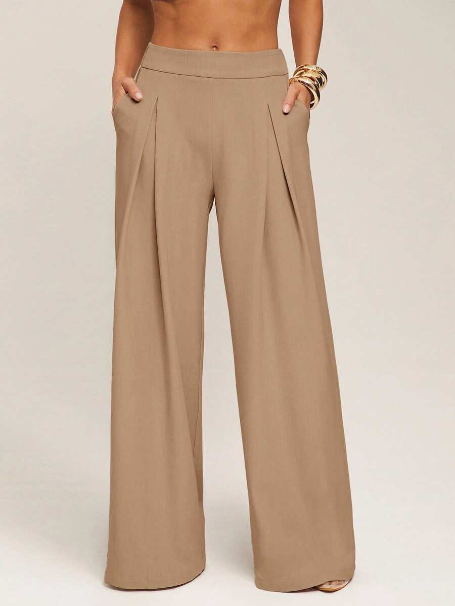 Silquee 女士纯色长裤，时尚夏季阔腿裤，女士阔腿裤，女士正装裤，商务休闲女裤，秋冬季女士长裤 - 卡其色 - 查看 1