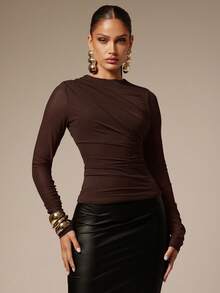 Silquee Women's Solid Color Round Neck Long Sleeve Ruched Fitted Fashion T-Shirt,Fall,Fall Clothes For Women - Chocolate Brown - View 5