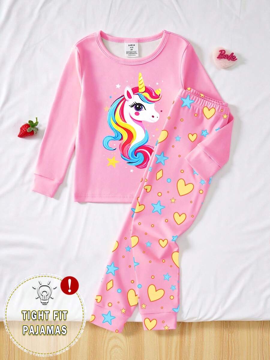2pcs/Set Tween Girls Pajamas, New Autumn Glow-In-The-Dark Cute Unicorn Print Pink Knit Long Sleeve Top Paired With All-Over Heart & Star Print Leggings, Skin-Friendly & Comfortable Tight Fit Pajama Set, Great New Year Gift - Pink - View 1