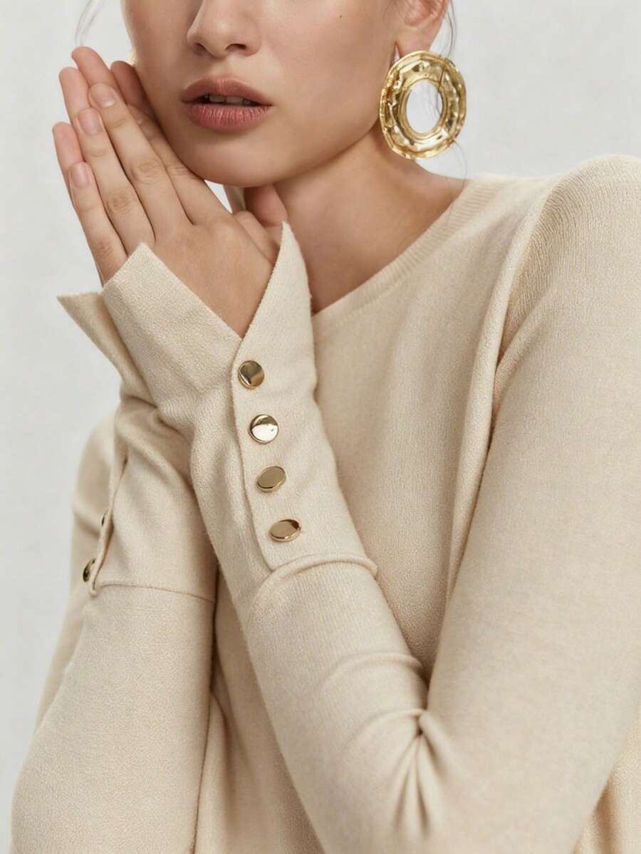 Lumivelle All-Match Round Neck Casual Versatile Long Sleeve Knit Undershirt Cream Top Button Top Neutral Tops Neutral Clothes For Women Ribbed Shirt - Apricot - View 1