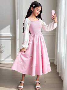 Đầm dài tay cổ vuông thắt nơ màu thanh lịch cho bé gái tuổi teen - Nhiều màu - Xem 1