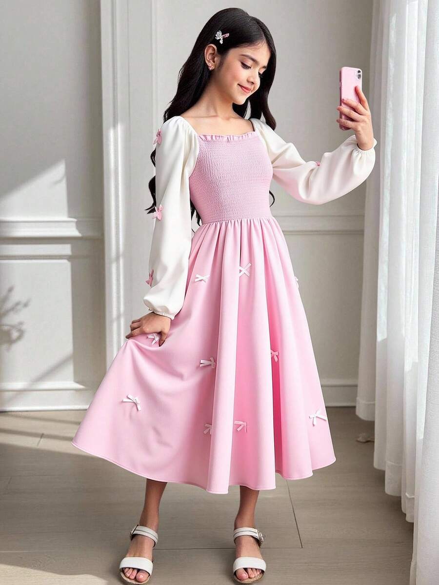 Đầm dài tay cổ vuông thắt nơ màu thanh lịch cho bé gái tuổi teen - Nhiều màu - Xem 1