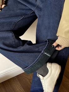 DAZY 女士保暖内衬直筒牛仔裤，休闲都市风长裤 - 藍色 - 查看 2