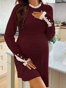 SHEIN Maternity Lace Patchwork A-Line Knit Long Sleeve Sweater Dress, Casual Daily Wear