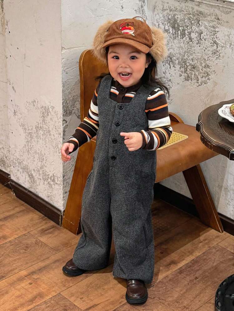 Baby Girl Solid Color Casual Loose Wide Leg Jumpsuit, Autumn/Winter