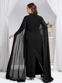 Coutiva Luxury Evening Gown, Stand Collar Long Sleeve Rhinestone Embellished Elegant Formal Dress - Black - View 2