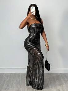 SHEIN BamGlam Women's Sequin Mesh Sheer Bodycon Bandeau Dress - Black - View 5