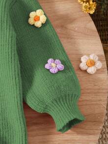 SHEIN Vintaside Kids 女童手工花朵针织连衣裙，圆领长款灯笼袖可爱优雅粉色连衣裙 - 綠色 - 查看 3