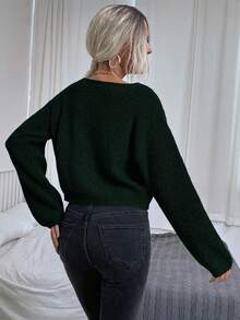 SHEIN LUNE Women Casual Solid Color Dropped Shoulder Loose Ribbed Knit Pullover Sweater Gray Sweatergrey Jumper - Dark Green - View 2