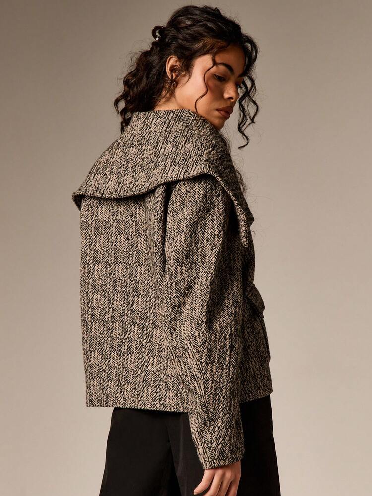 Oversized Fold Collar Tweed Jacket With Pockets