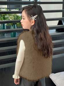 Young Girls Faux Fur Vest Jacket - Brown - View 2