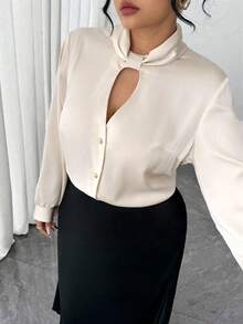 Elenzga Plus Size Satin Twist Collar V-Neck Hollow Out Long Sleeve Straight Blouse, Elegant For Work, Casual Outing, Date, Party - Apricot - View 4