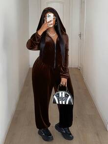 Maweii Bộ đồ liền thân có mũ trùm đầu màu trơn cỡ lớn - màu nâu - Xem 3