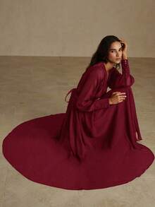 Revavyn 欧美风V领缎面腰带时尚百搭通勤长袖连衣裙，秋冬款 - 酒紅色 - 查看 6