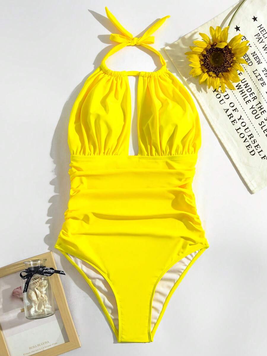 SHEIN Swim Summer Beach Ruched Halter One Piece Swimsuit - Yellow - View 1