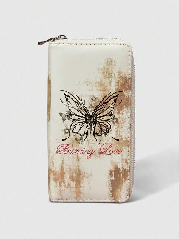 ROMWE Grunge Punk White Background Butterfly Long Wallet, Simple And Versatile