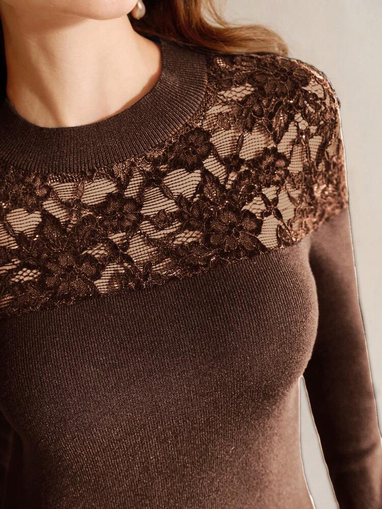 Elegant Fitted Lace Patchwork Hollow Out Turtleneck Brown Sweater For Women, Autumn/Winter