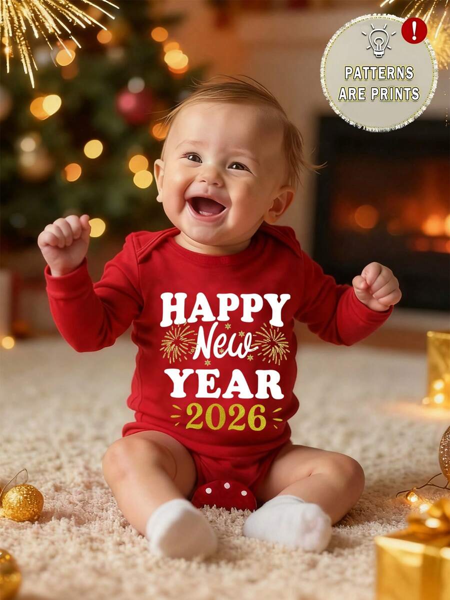 SHEIN 男婴连体衣,印有“新年快乐”和烟花图案,休闲圆领长袖,适合新年、春秋季穿着。 - 紅色 - 查看 1