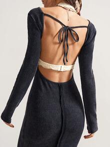 Bohemela Vestido midi ajustado de manga larga, de punto y unicolor, con espalda descubierta, para mujer - Negro - Ver 5