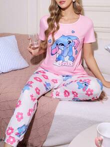 甜美碎花圆领撞色女士睡衣套装 - 彩色 - 查看 5