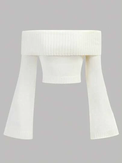 SHEIN Girlism Teen Girls' White Off Shoulder Flare Sleeve Cropped Knit Sweater, Autumn/Winter