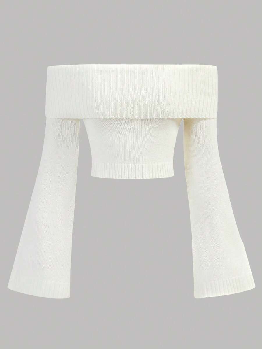 SHEIN Girlism Teen Girls' White Off Shoulder Flare Sleeve Cropped Knit Sweater, Autumn/Winter - White - View 1