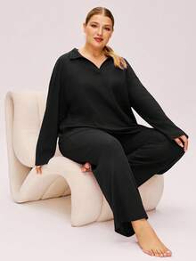 LUVLETTE Autumn And Winter Plus Size Women Soft Cotton Waffle Basic Long-Sleeve & Long Pants Loungewear 2 Piece Pajama Set With Pockets Lingerie Pants With Pockets Fall Pajamas - Black - View 8