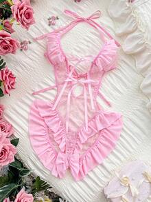 SHEIN 1件系带性感连体衣内衣 - 粉色 - 查看 3