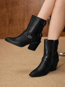 MOTF Botas de tobillo con tacón grueso, hebilla cuadrada, rayas, parches y suela de ante sintético negro, cómodas y de moda para el transporte diario - Negro - Ver 1