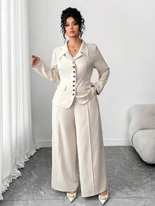 SHEIN Tall CURVE Bộ vest vải dày cổ chữ V màu mơ cỡ lớn dành cho nữ, có nút tương phản màu đen và túi giả, thiết kế trang phục giáo viên chuyên nghiệp thanh lịch, thích hợp cho lễ Halloween, thời trang thu mới, cao cấp, tay dài, bó eo, dáng thẳng, rộng rãi - Màu be - Xem 5