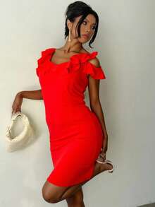 Vestido largo  mujer elegante moderno volante tejido elástico corte ajustado cuello palabra de honor sin mangas primavera verano fiesta oficina - Rojo - Ver 1