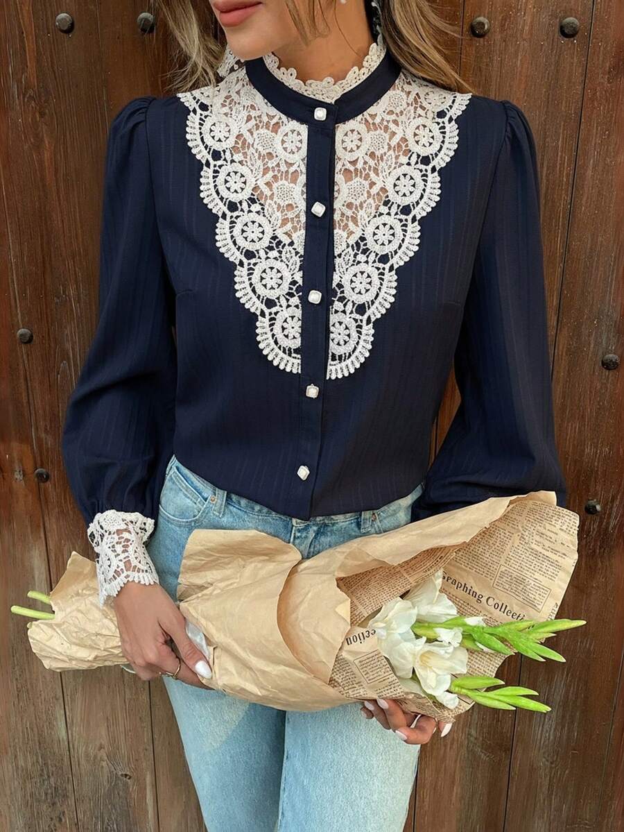 Pariaura Áo cánh nữ thanh lịch cổ đứng tay bồng phối ren tương phản, cài nút đơn - Xanh đậm - Xem 1