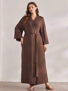 Ocili Leisure Soft & Simple Long Sleeve Plus Size Robe, Chic Autumn Easy Comfort Autumn Slumber, Cozy Outfit, Fall & Winter - Coffee Brown - View 4