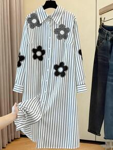 SHEIN LUNE Abito camicia da donna taglie forti con stampa floreale, strisce e strass