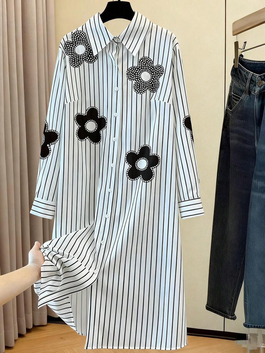 SHEIN LUNE Abito camicia da donna taglie forti con stampa floreale, strisce e strass