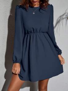 SHEIN Clasi Đầm ngắn tay đèn lồng cổ tròn màu trơn dành cho nữ, thích hợp cho các lễ hội âm nhạc, thường ngày - Màu xanh hải quân - Xem 6