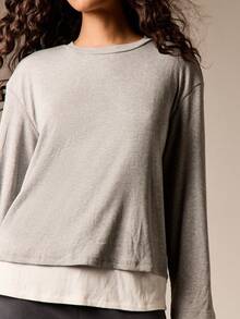 AiiRZ Long Sleeve Double Layer Crew Neck Ribbed Knit Top With Contrast Layering Detail Fall Winter Casual - Multicolor - View 5