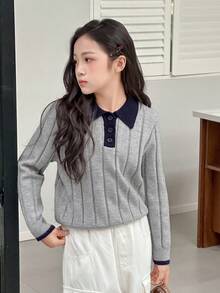 Dazy Kids 少女休闲撞色滚边毛衣，秋冬季 - 藏蓝色 - 查看 5
