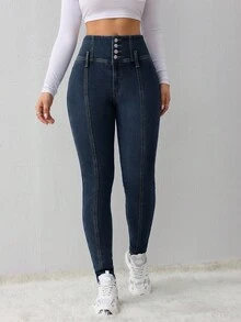 SHEIN Tall Women's Jeans Blue High Waist Skinny Plus Fleece Jeans Tall Women's Jeans Winter Jeans Thermal Denim Teddy Denim Teddy Thermal Fuzzy Fleece Teddy Women Joggers Leggings Women Jeans Fleece Leggings Winter Women Clothes Thermal - Dark Wash - View 5