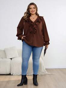 SHEIN CURVE+ Camicia da donna con volant, taglia comoda, adatta per le vacanze - Castano - Visualizzare 6