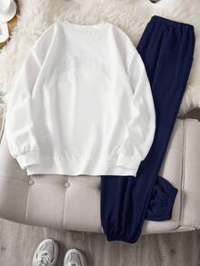 SHEIN EZwear 两件套加大码女式字母印花圆领长袖卫衣和裤子套装 - 藏蓝色 - 查看 2
