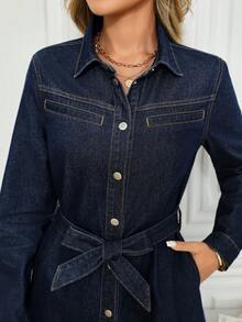 EMERY ROSE Women's Long Sleeve Single-Breasted Belt Design Casual Denim Shirt Dress Long Sleeve Denim Dress Women Jean Dress Chambray Dress Curve Denim Dress Demin Dress For Curv Woman - Dark Wash - View 6