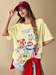SpongeBob SquarePants | SHEIN Women's Casual Everyday Commute Cute Cartoon Letter Graphic Loose Fit Drop Shoulder T-Shirt, Light Yellow - Light Yellow - View 6