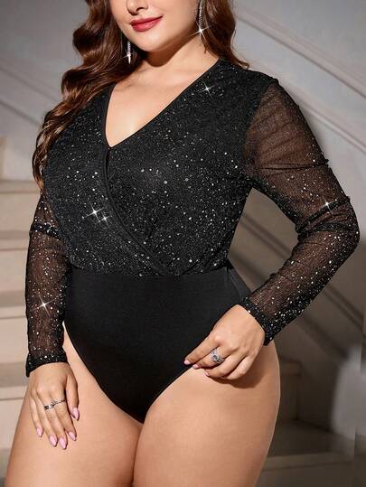 SHEIN Clasi 大码女士优雅黑色亮面长袖连体衣，适合派对和活动，秋季女装，大码秋季女装，秋季女装