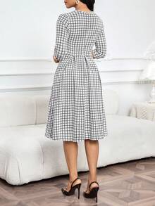SHEIN Lady Váy midi kẻ caro thời trang dành cho nữ khi đi làm - Đen và trắng - Xem 2