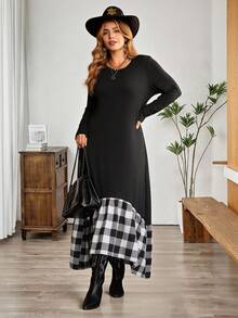 EMERY ROSE 大码格子拼布连衣裙，休闲假日风格 - 黑與白 - 查看 6