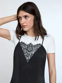 Maija 2025 Autumn/Winter New Sexy Lace Trim Adjustable Spaghetti Strap Bodycon Dress With Solid White T-Shirt 2 Piece Set, Elegant Urban Commuter Casual Romantic Versatile - Black - View 6