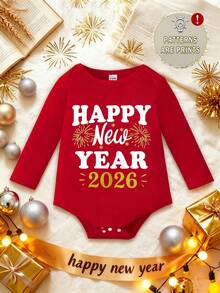 SHEIN 男婴连体衣，印有“新年快乐”和烟花图案，休闲圆领长袖，适合新年、春秋季穿着。 - 紅色 - 查看 3