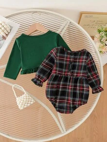 Souflis Souflis Baby Girls Elegant & Sweet Jacket And Plaid Bodysuit Set, Autumn Outfit - Green - View 2