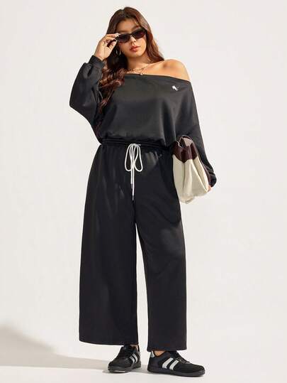 Elaquor 大码女式骑士印花斜肩长袖阔腿休闲连体裤